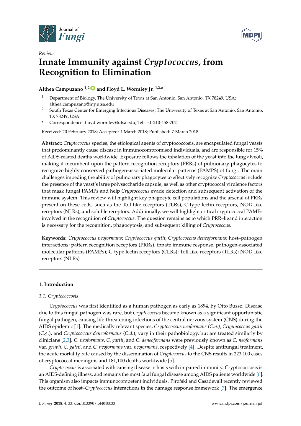 Innate Immunity Against Cryptococcus, from Recognition to Elimination