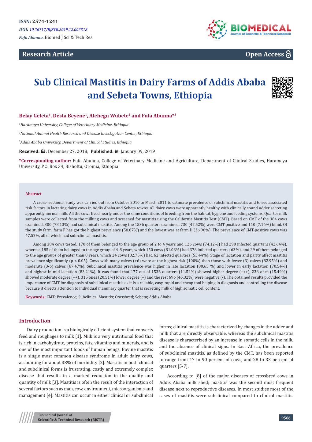 Sub Clinical Mastitis in Dairy Farms of Addis Ababa and Sebeta Towns, Ethiopia