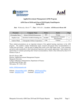 Marquette University AIM Class 2018 and 2019 Equity Reports Spring 2018 Page 1 Applied Investment Management (AIM) Progr
