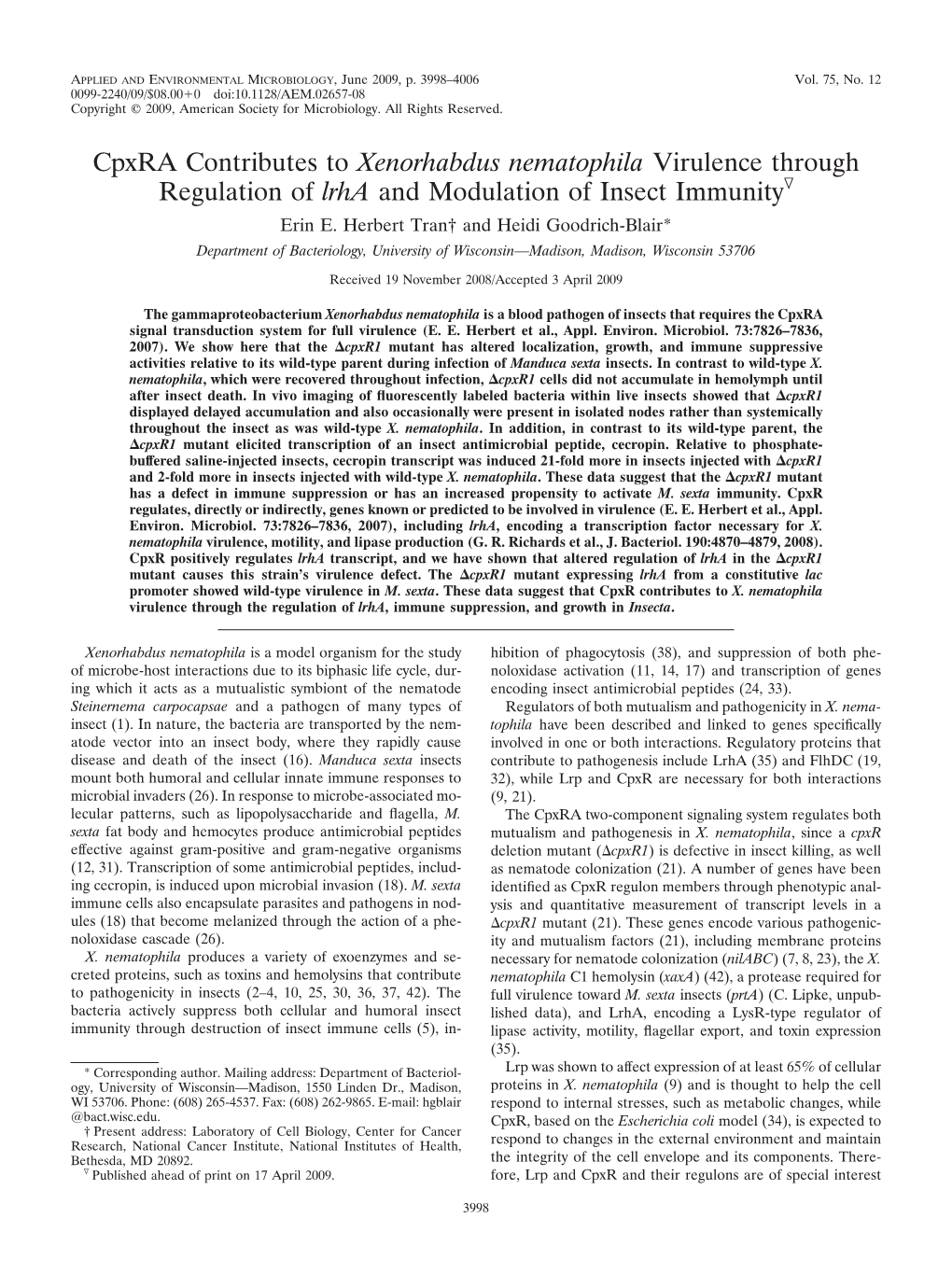 Cpxra Contributes to Xenorhabdus Nematophila Virulence Through Regulation of Lrha and Modulation of Insect Immunityᰔ Erin E