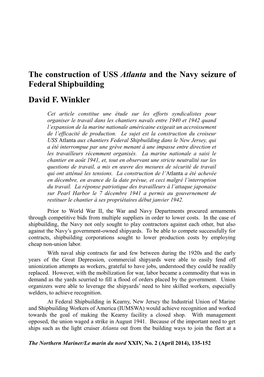 The Construction of USS Atlanta and the Navy Seizure of Federal Shipbuilding David F