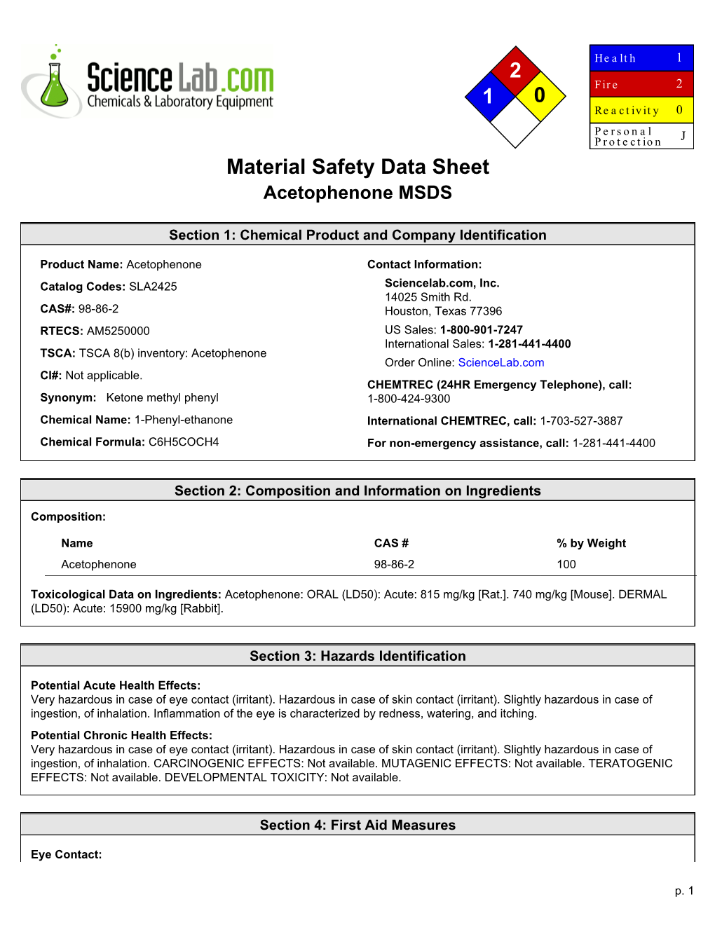 Material Safety Data Sheet Acetophenone Msds Docslib 