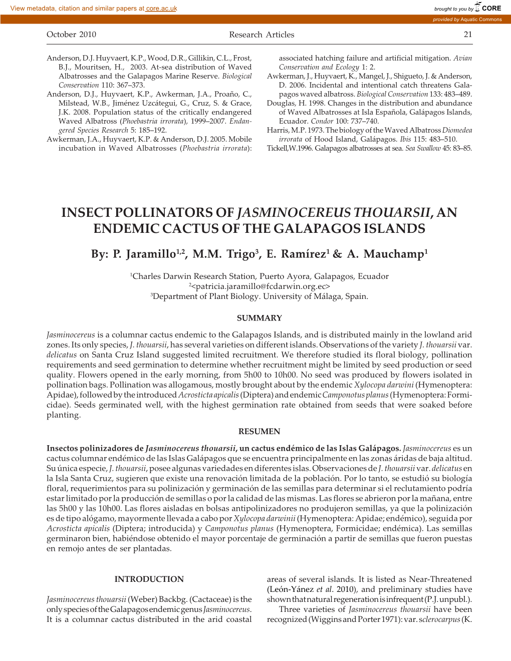 Insect Pollinators of Jasminocereus Thouarsii, an Endemic Cactus of the Galapagos Islands