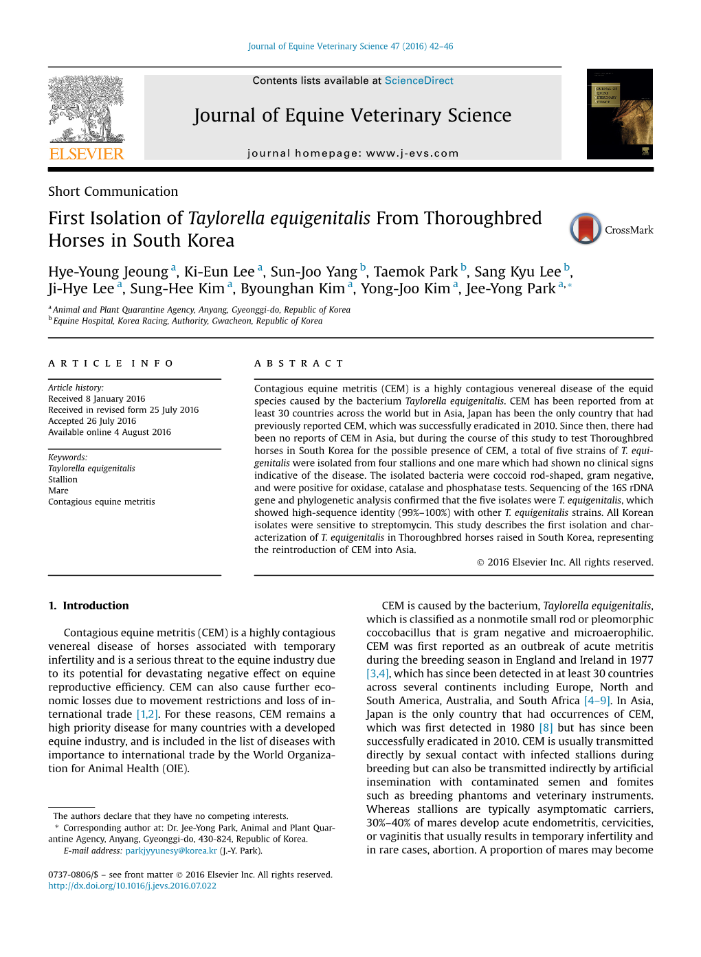 First Isolation of Taylorella Equigenitalis from Thoroughbred Horses in South Korea