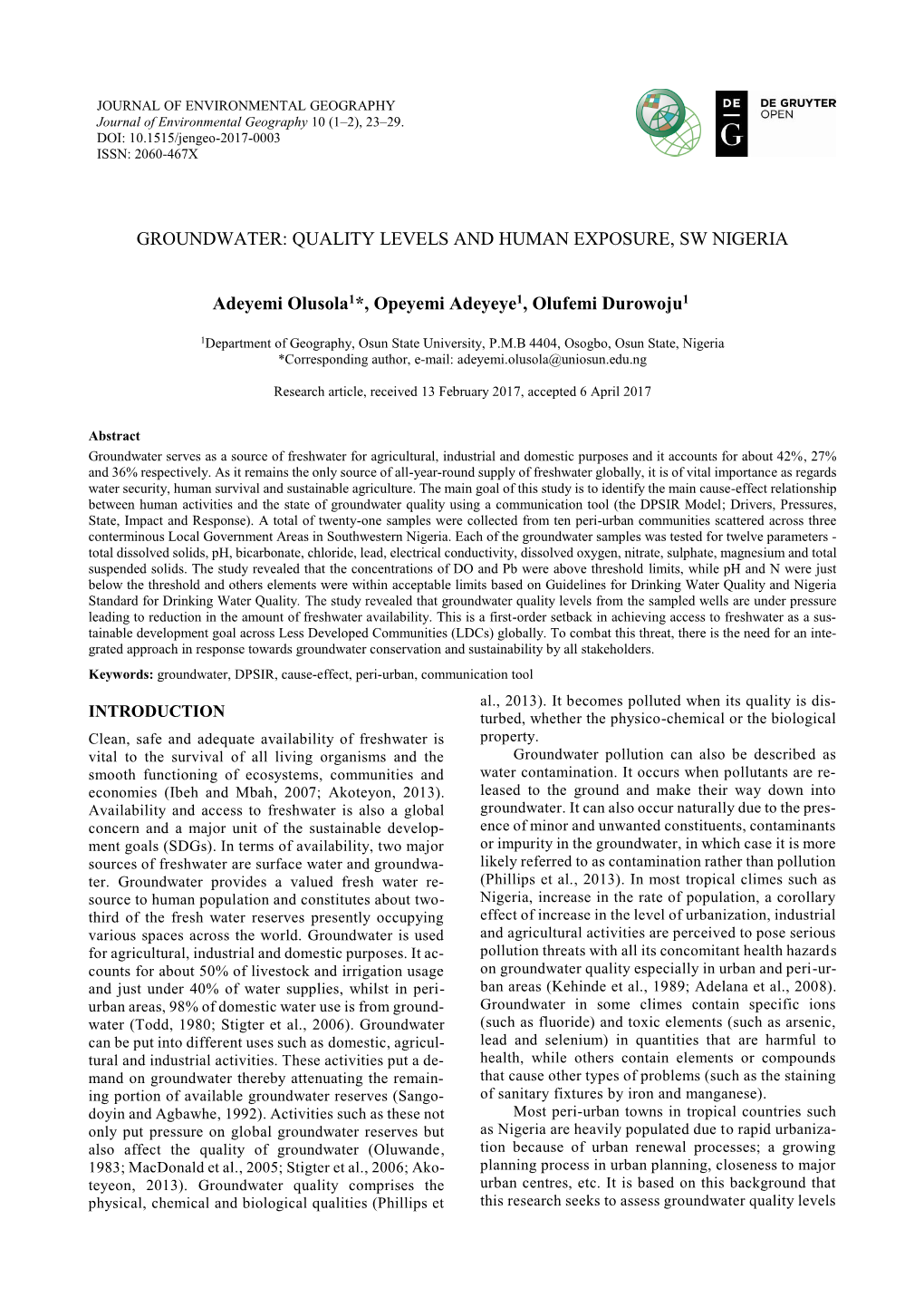 Groundwater: Quality Levels and Human Exposure, Sw Nigeria