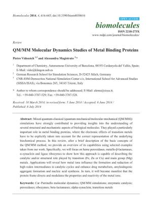QM/MM Molecular Dynamics Studies of Metal Binding Proteins