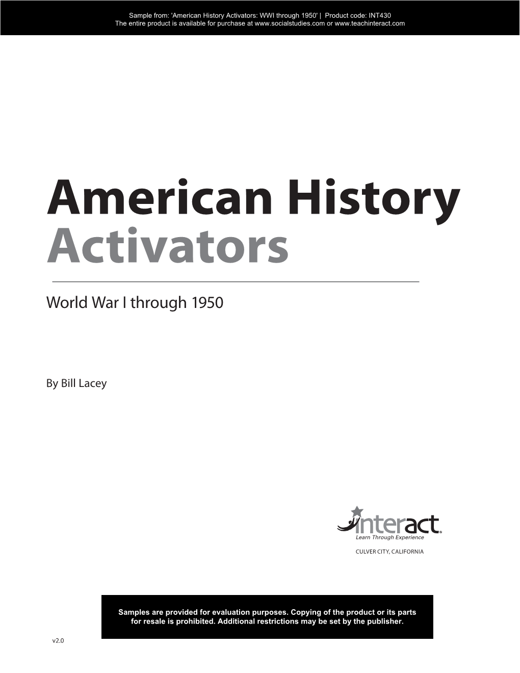 American History Activators: WWI Through 1950' | Product Code: INT430 the Entire Product Is Available for Purchase at Or