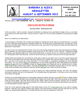 Barbara & Alex's Newsletter August & September 2012