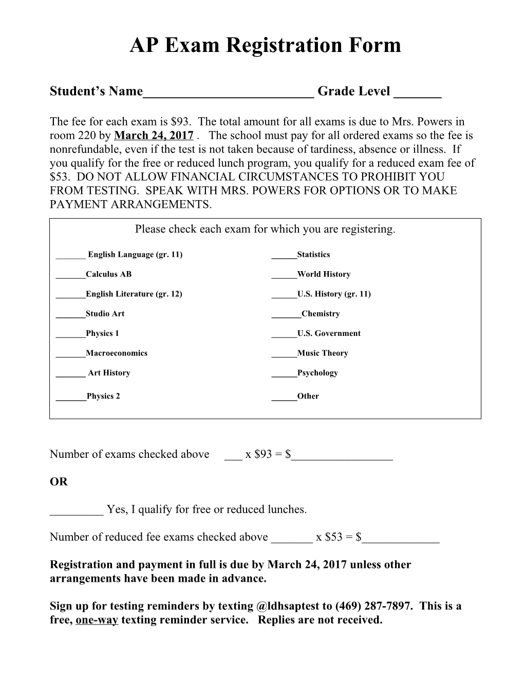 AP Exam Registration Form