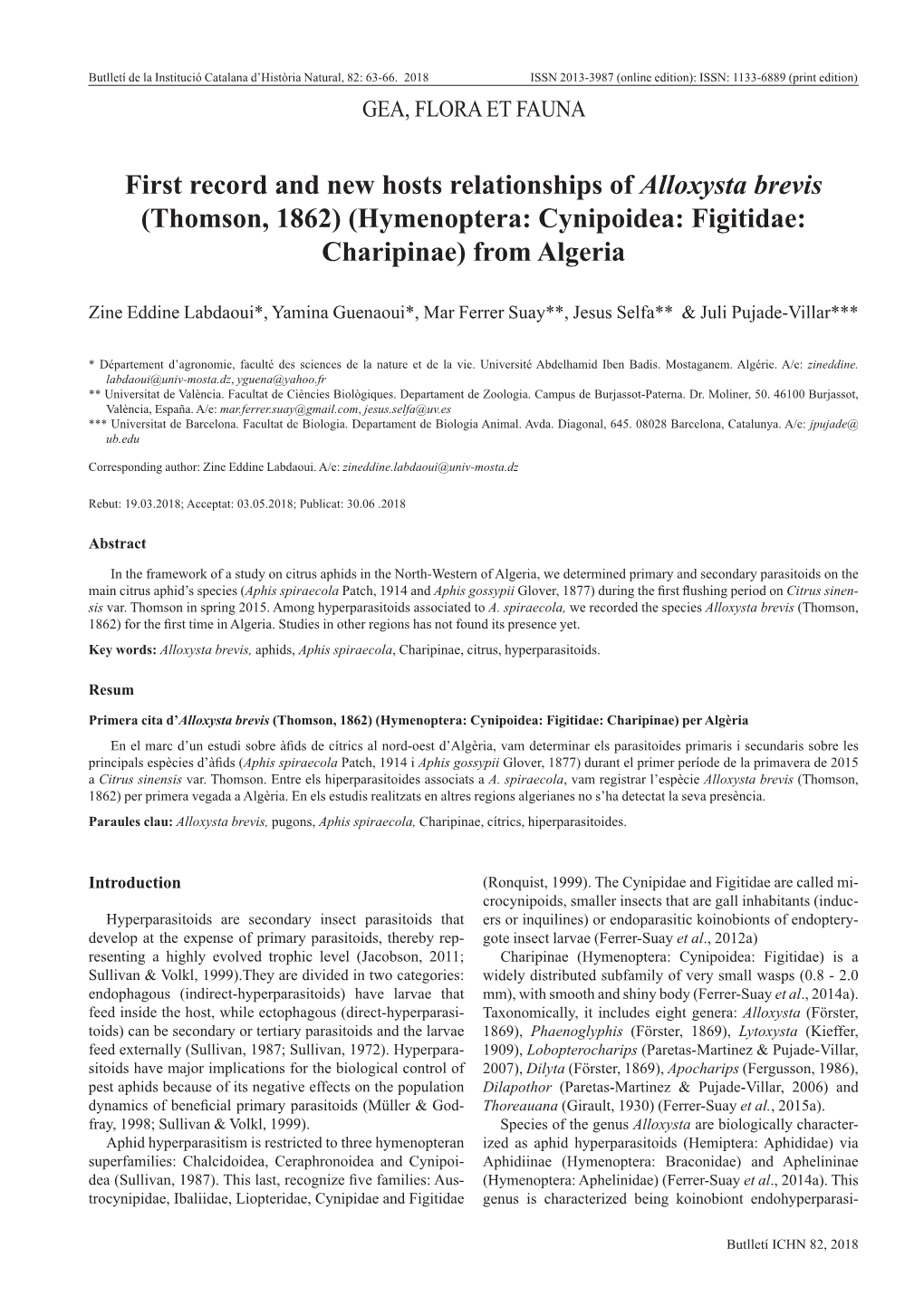 Hymenoptera: Cynipoidea: Figitidae: Charipinae) from Algeria