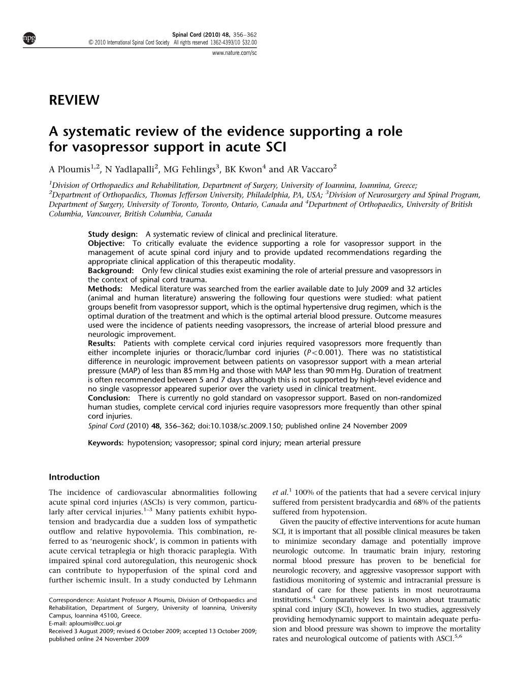 A Systematic Review of the Evidence Supporting a Role for Vasopressor Support in Acute SCI