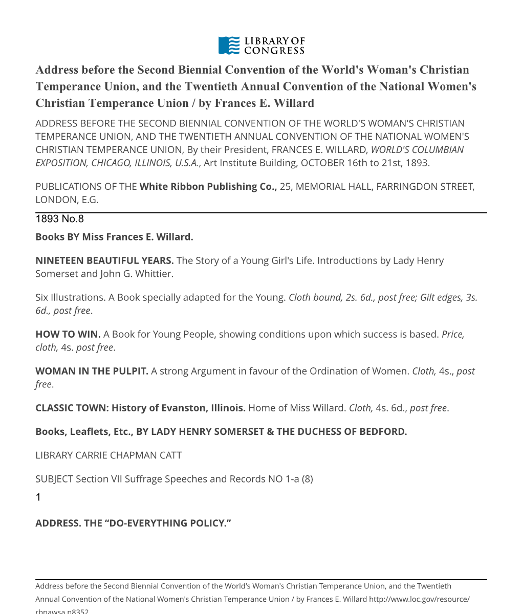 Address Before the Second Biennial Convention of the World's Woman's