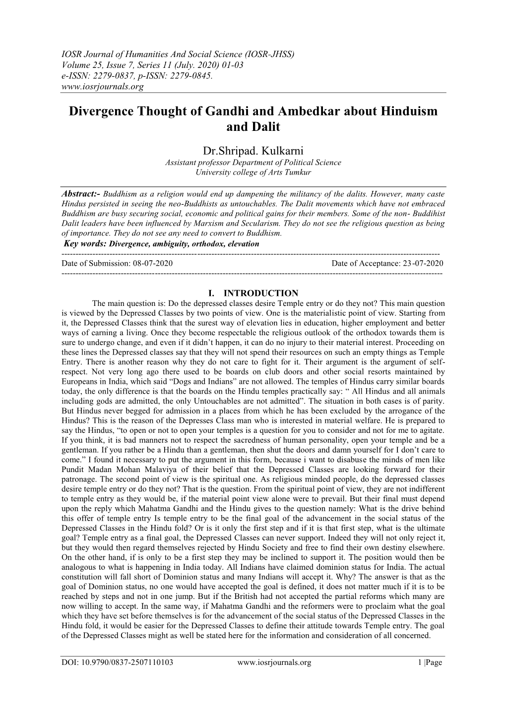 Divergence Thought of Gandhi and Ambedkar About Hinduism and Dalit
