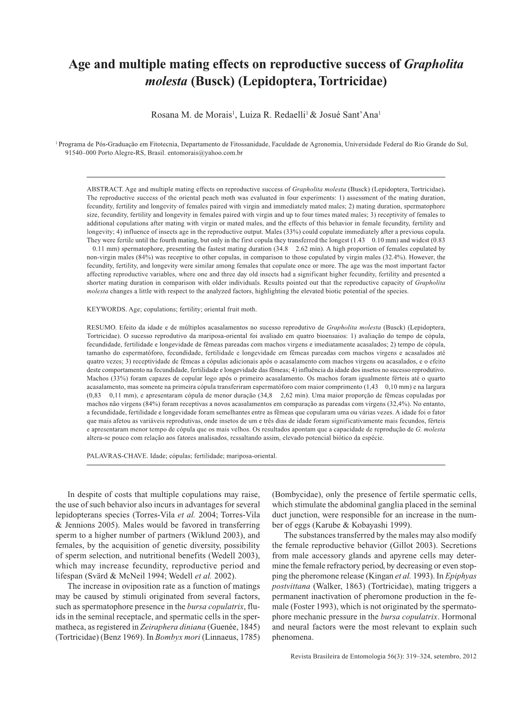 Age and Multiple Mating Effects on Reproductive Success of Grapholita Molesta (Busck) (Lepidoptera, Tortricidae)