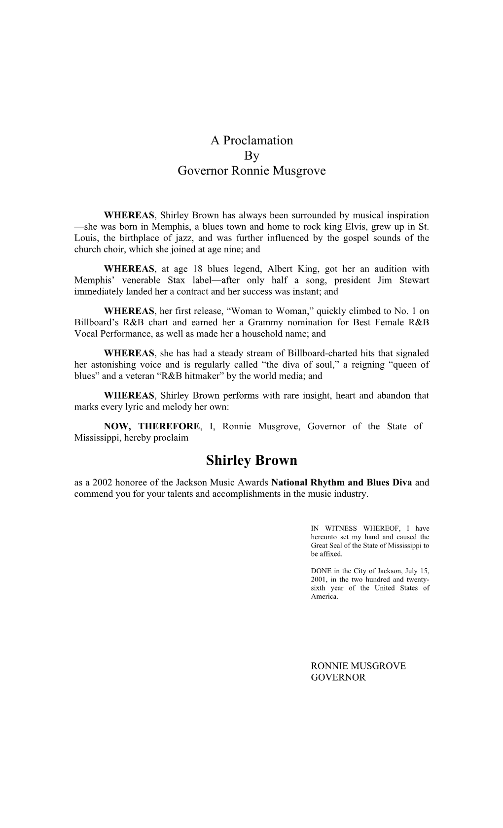 A Proclamation by Governor Ronnie Musgrove