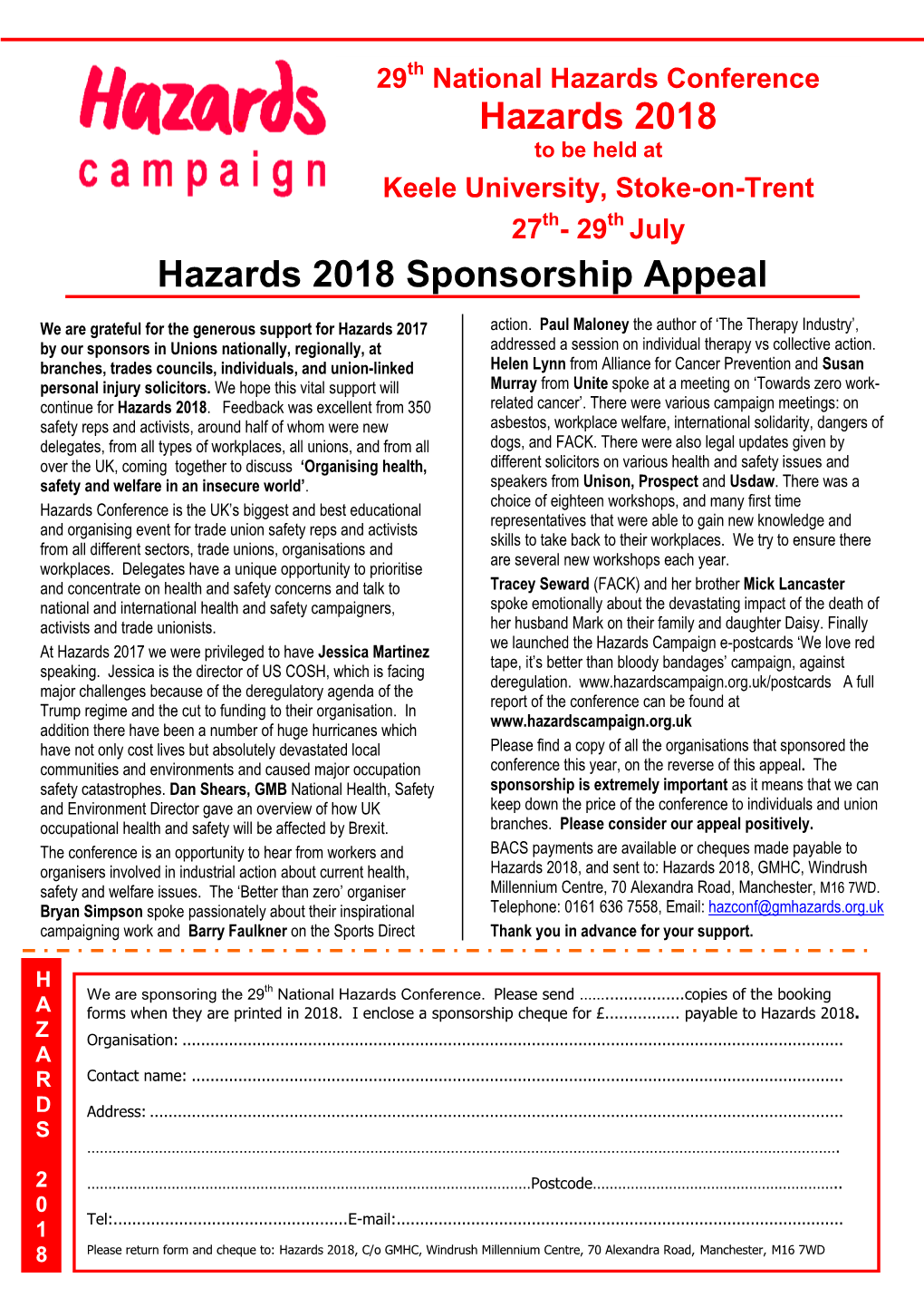 Hazards Conference 2018 Sponsorship Appeal
