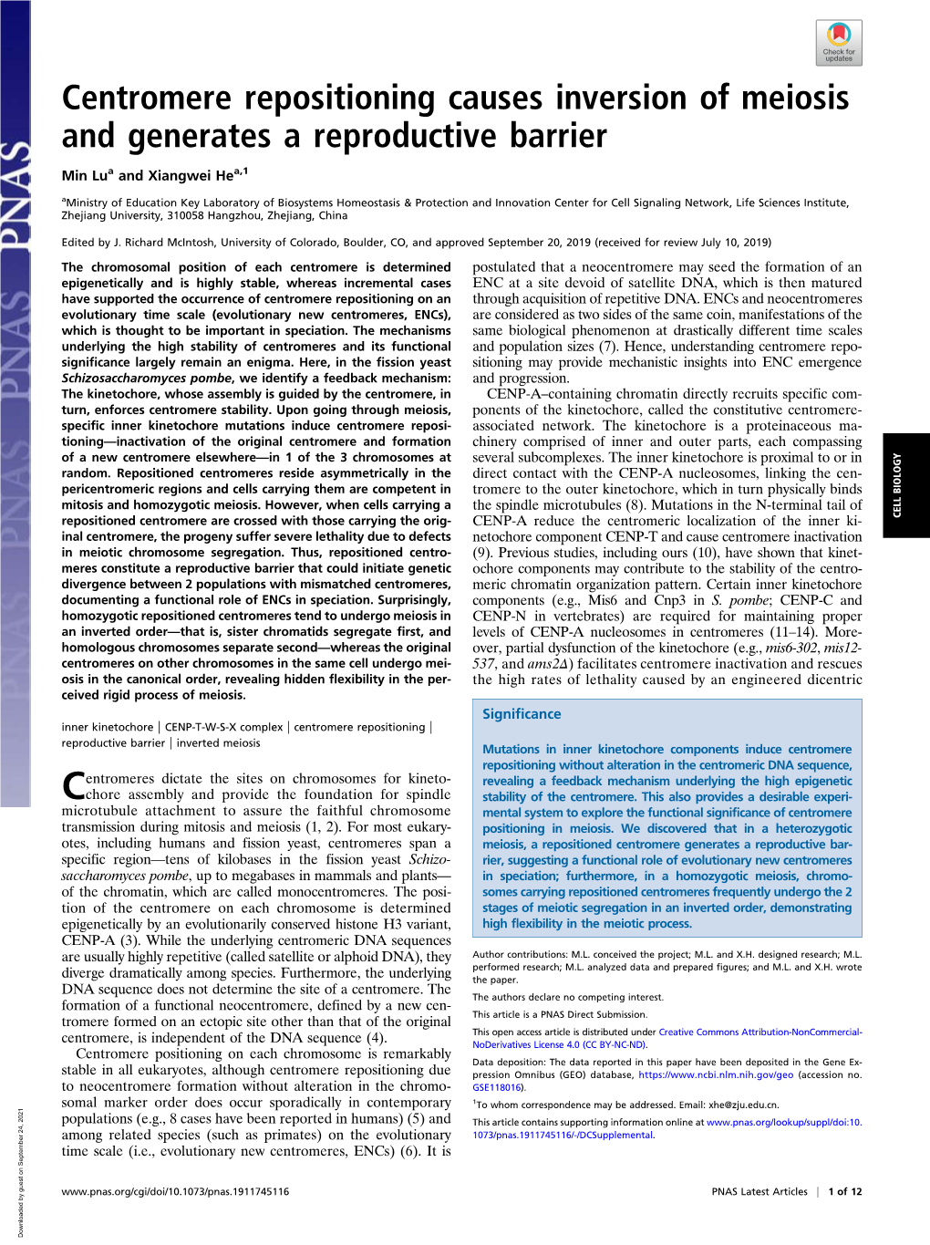 Centromere Repositioning Causes Inversion of Meiosis and Generates a Reproductive Barrier