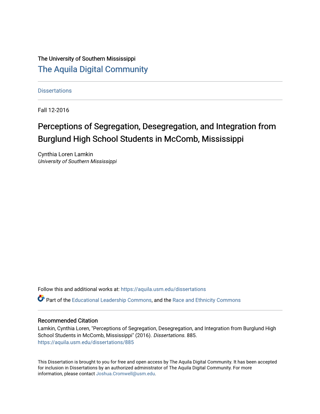 Perceptions of Segregation, Desegregation, and Integration from Burglund High School Students in Mccomb, Mississippi