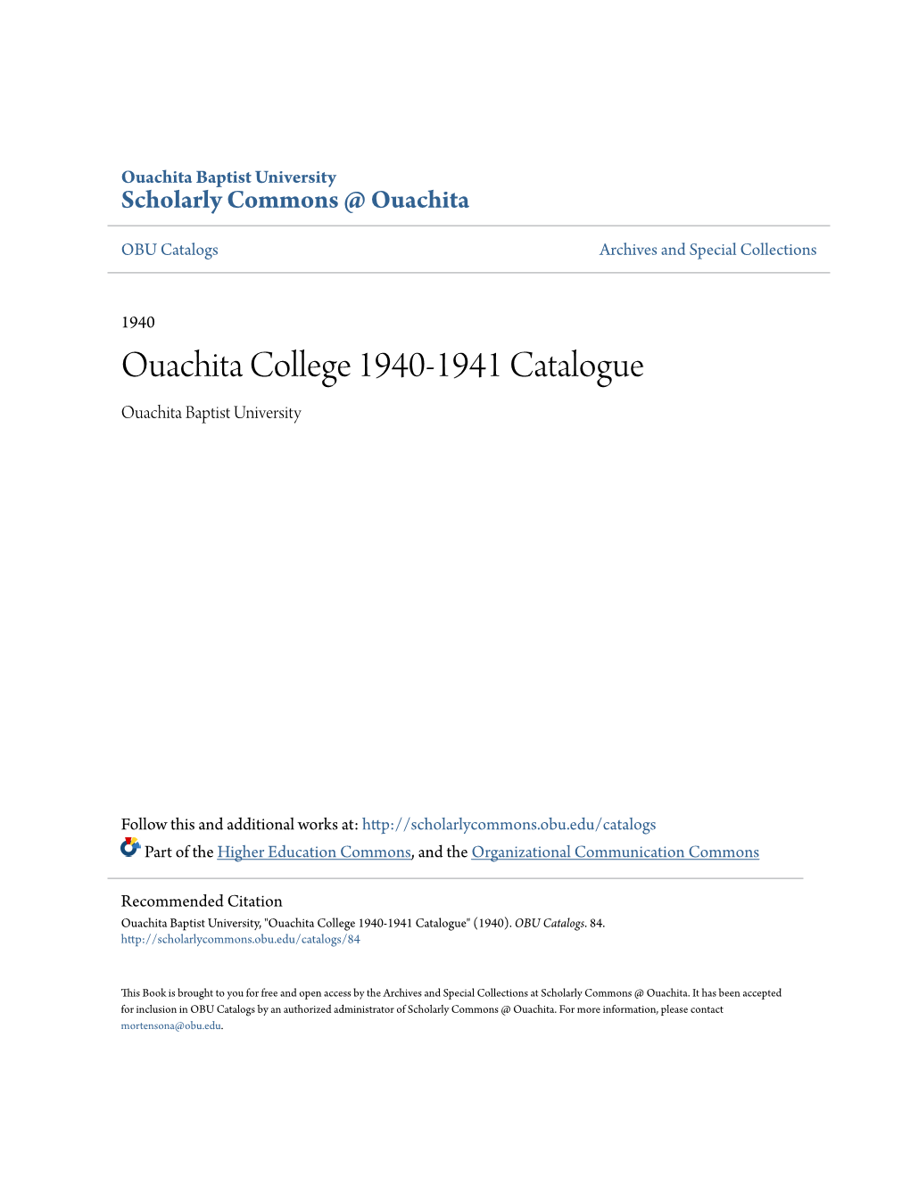 Ouachita College 1940-1941 Catalogue Ouachita Baptist University