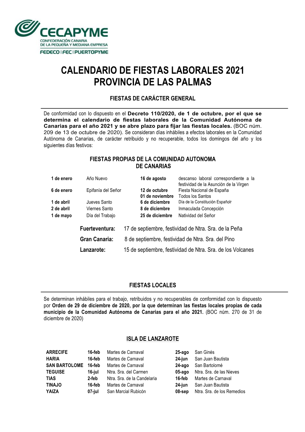 Calendario Laboral 2021 Las Palmas