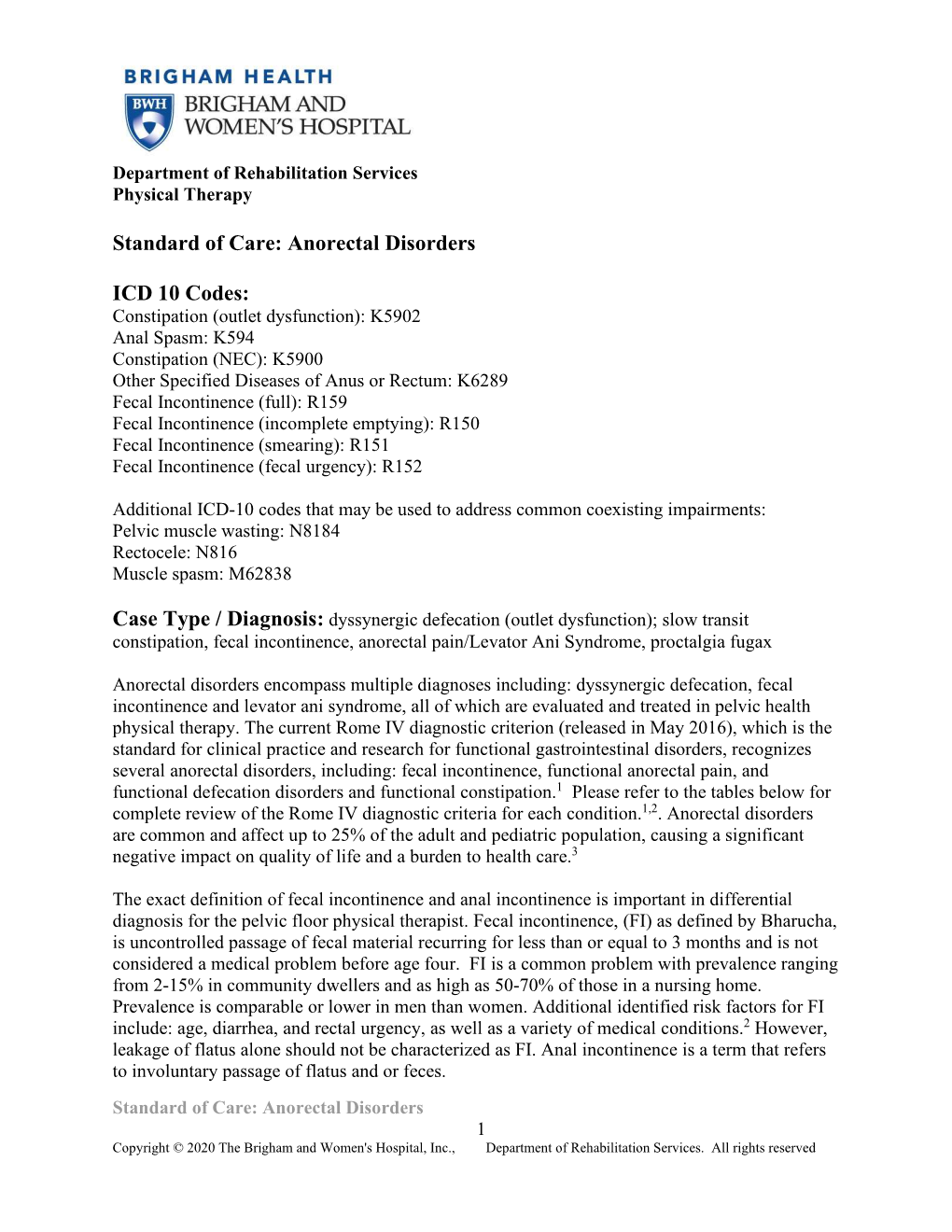 Standard of Care: Anorectal Disorders ICD 10 Codes