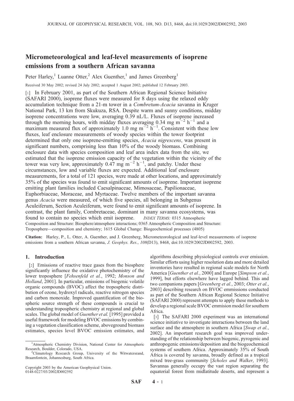 Micrometeorological and Leaflevel Measurements of Isoprene