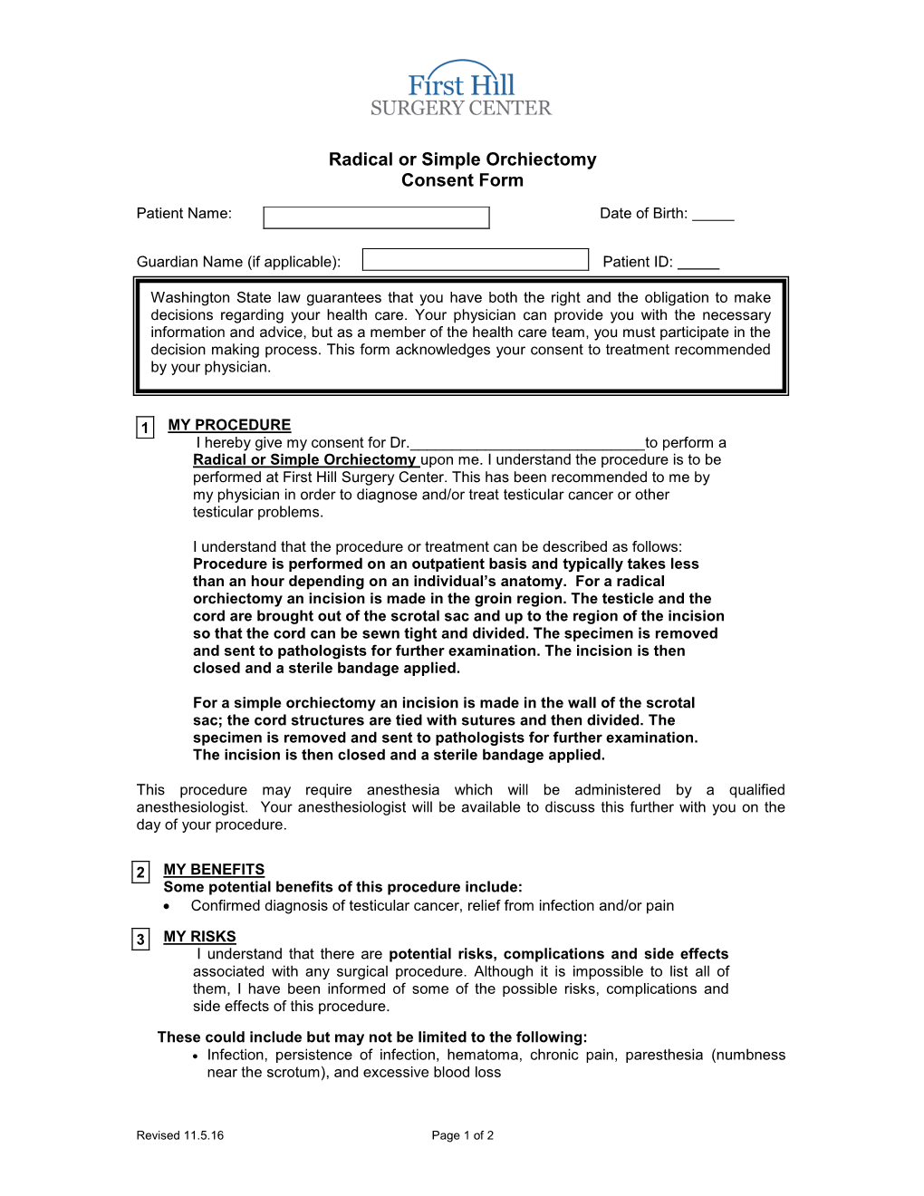 Radical Or Simple Orchiectomy Consent Form