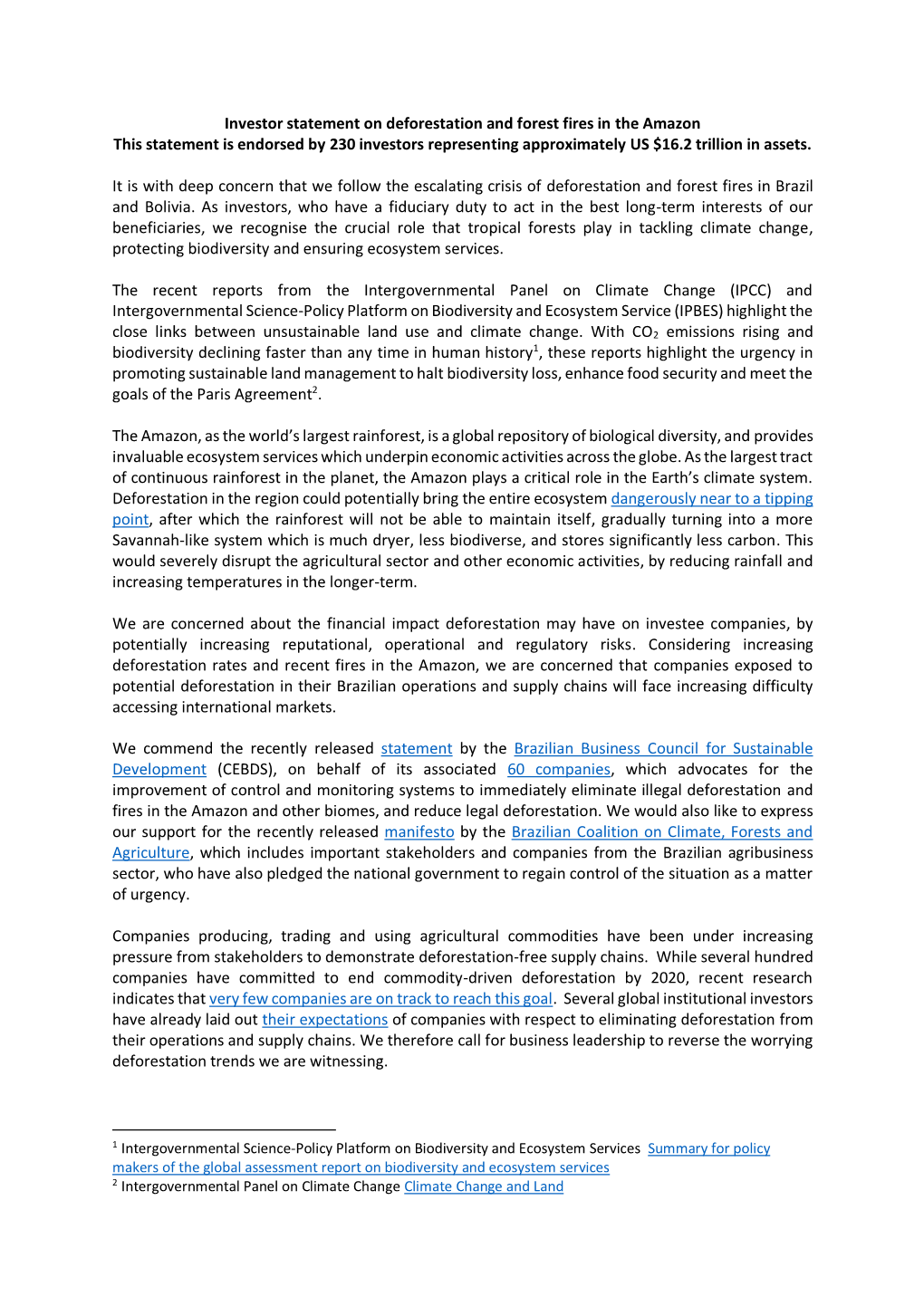 Investor Statement on Deforestation and Forest Fires in the Amazon This Statement Is Endorsed by 230 Investors Representing Approximately US $16.2 Trillion in Assets