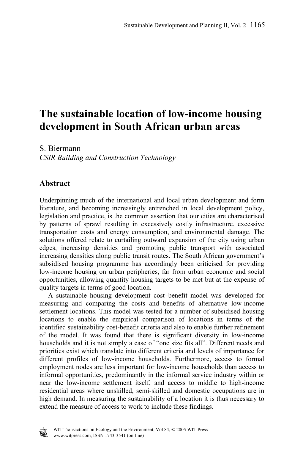 The Sustainable Location of Low-Income Housing Development in South African Urban Areas