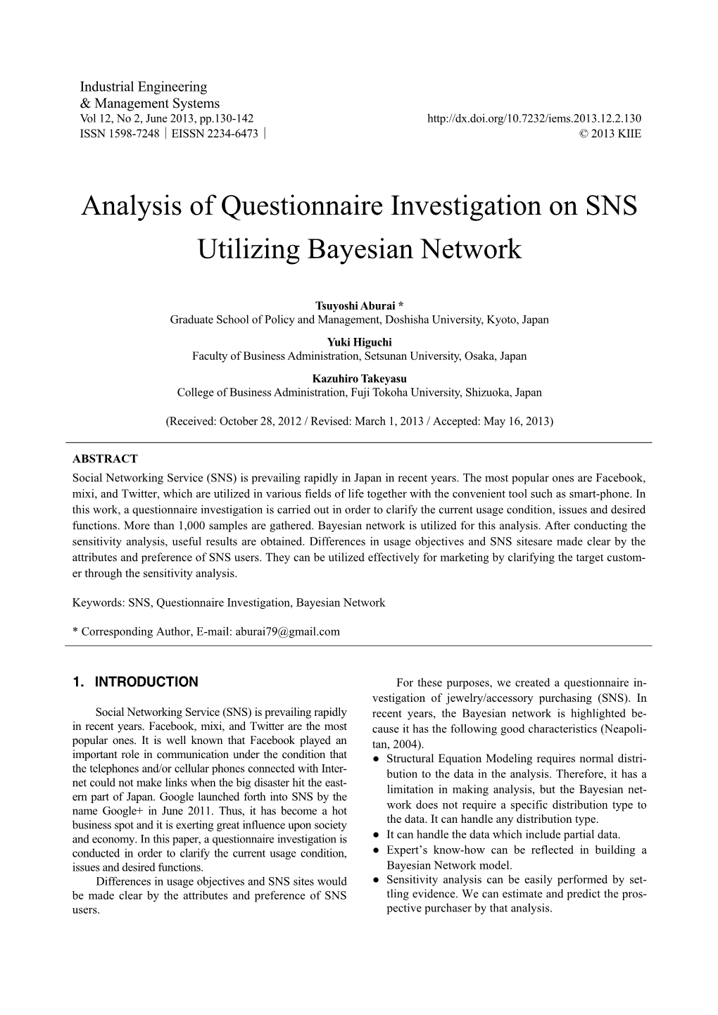 Analysis of Questionnaire Investigation on SNS Utilizing Bayesian Network
