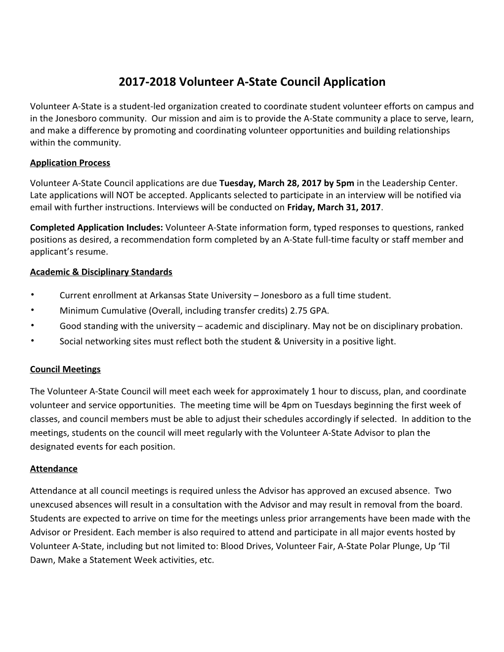 2017-2018 Volunteer A-State Council Application