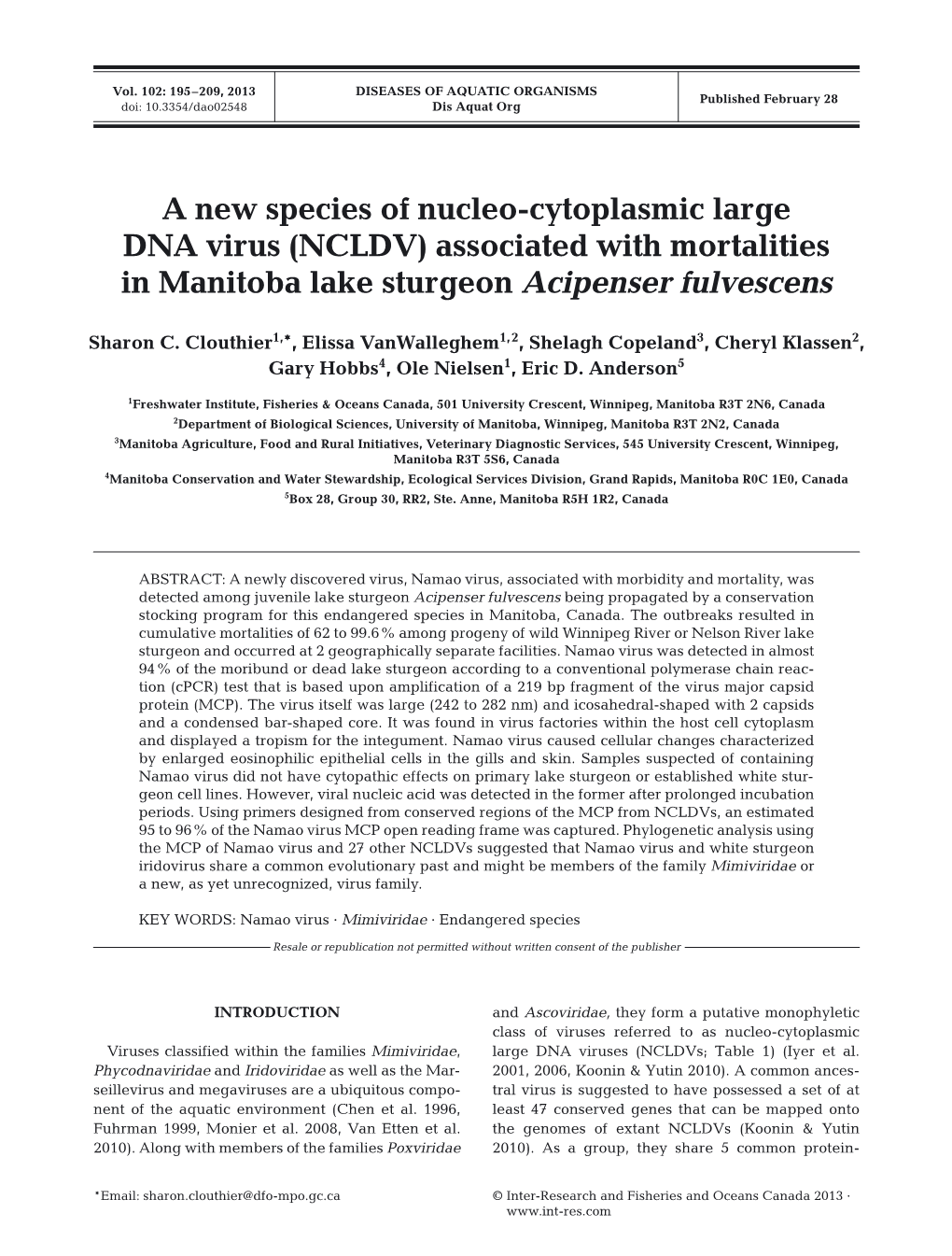 A New Species of Nucleo-Cytoplasmic Large DNA Virus (NCLDV) Associated with Mortalities in Manitoba Lake Sturgeon Acipenser Fulvescens