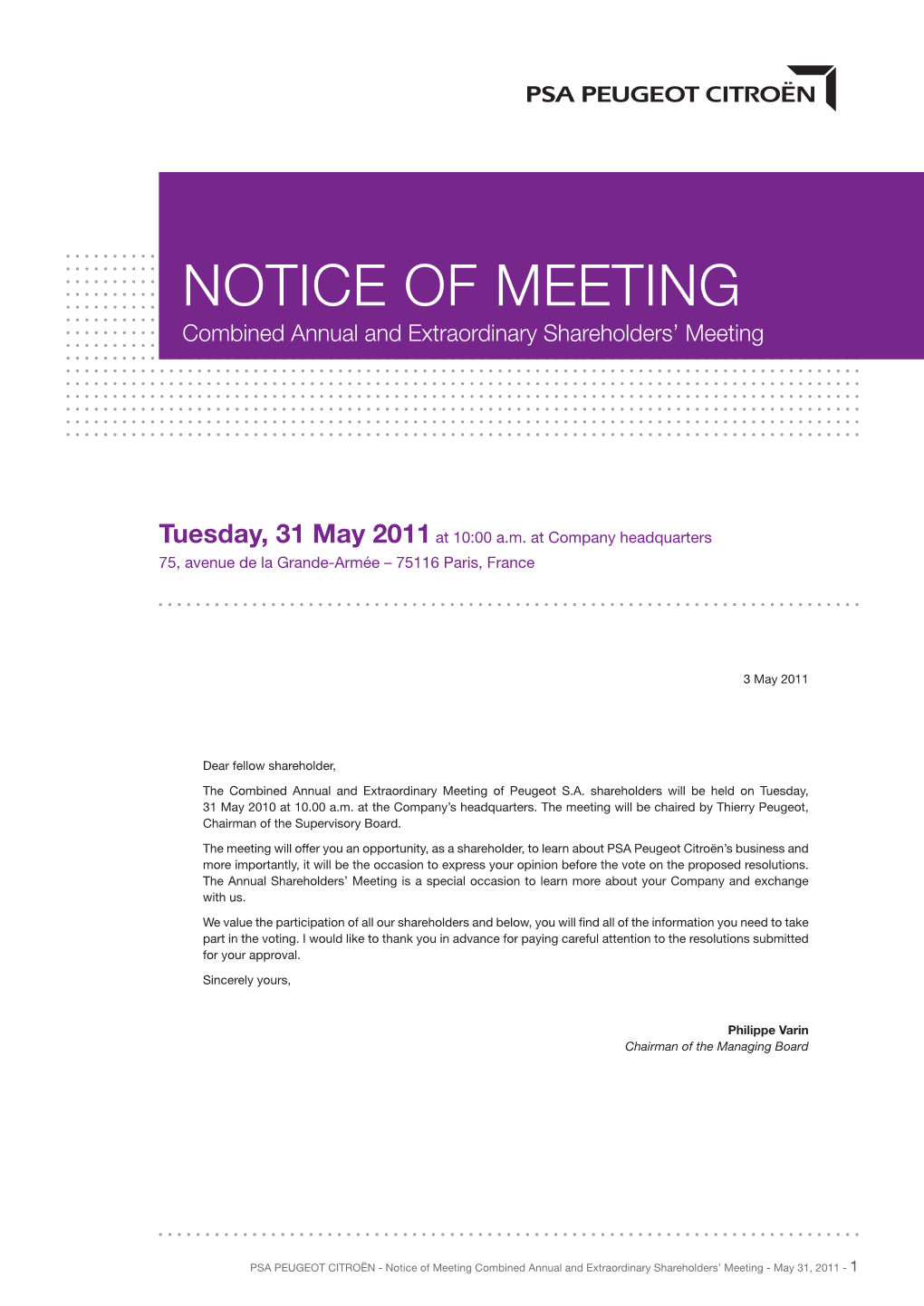 NOTICE of MEETING Combined Annual and Extraordinary Shareholders’ Meeting