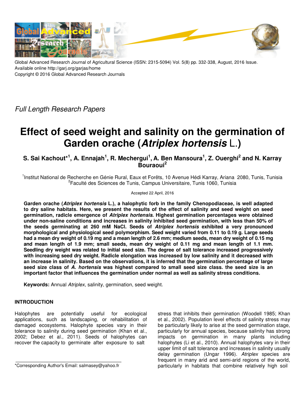 Effect of Seed Weight and Salinity on the Germination of Garden Orache (Atriplex Hortensis L