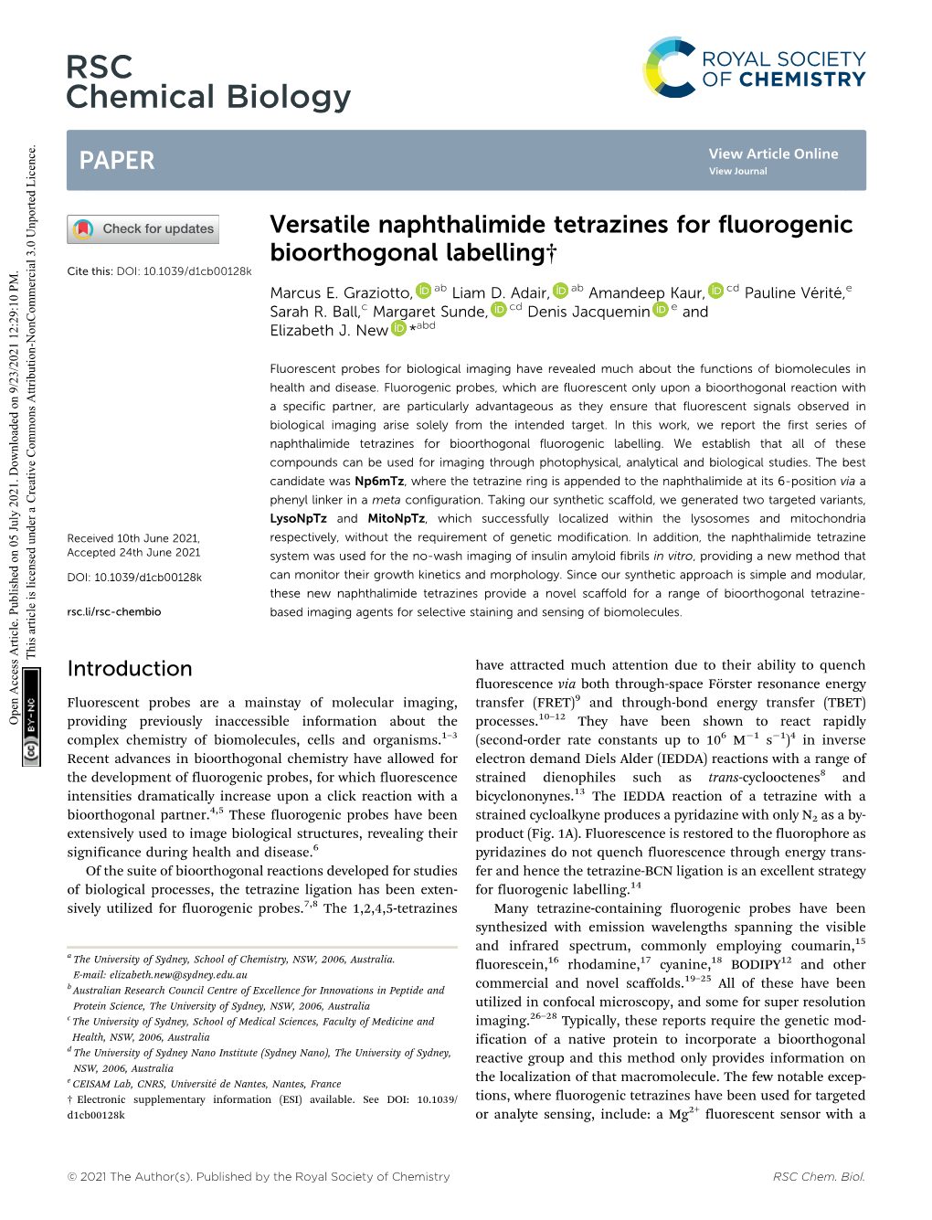 Versatile Naphthalimide Tetrazines for Fluorogenic Bioorthogonal Labelling† Cite This: DOI: 10.1039/D1cb00128k Ab Ab Cd E Marcus E