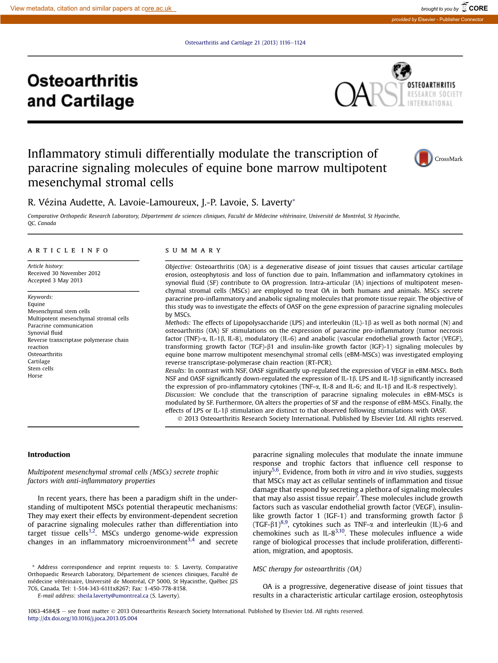 Inflammatory Stimuli Differentially Modulate the Transcription of Paracrine Signaling Molecules of Equine Bone Marrow Multipoten