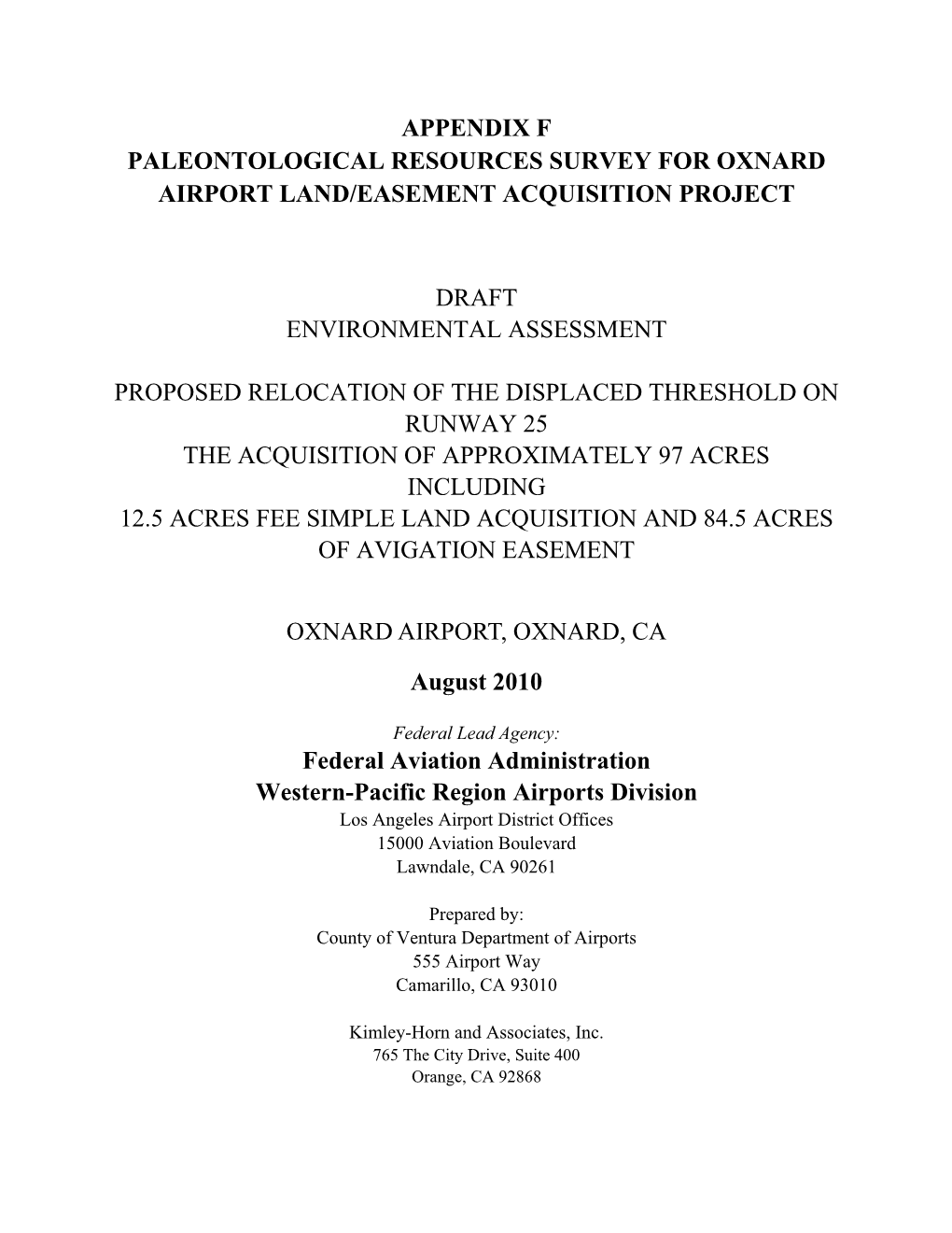 Appendix F Paleontological Resources Survey for Oxnard Airport Land/Easement Acquisition Project Draft Environmental Assessment