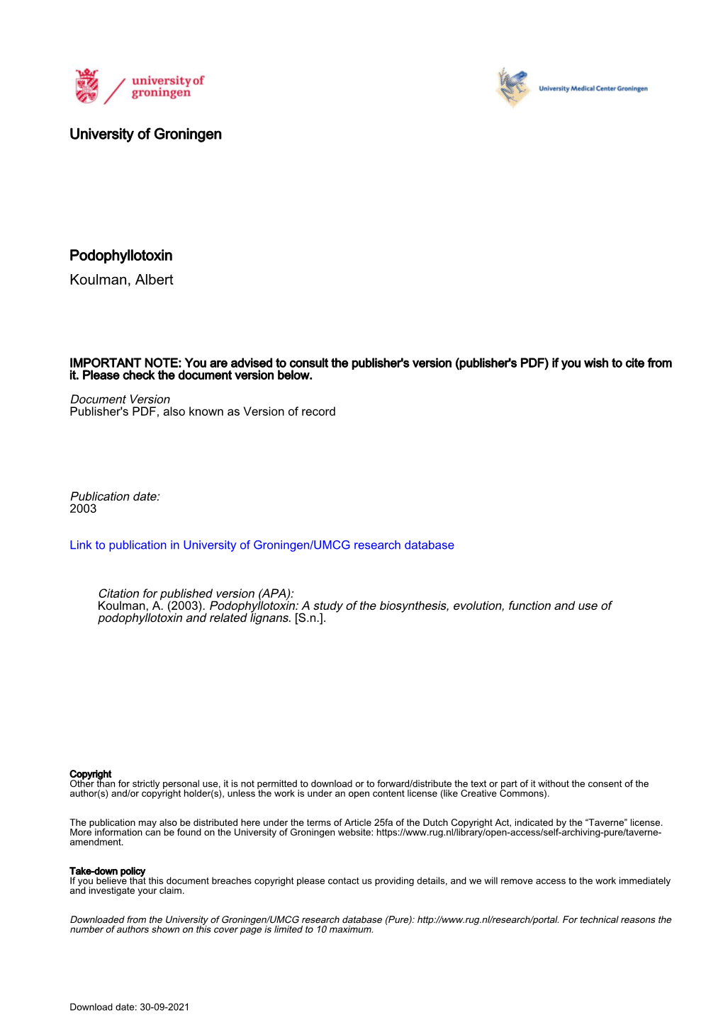 University of Groningen Podophyllotoxin Koulman, Albert