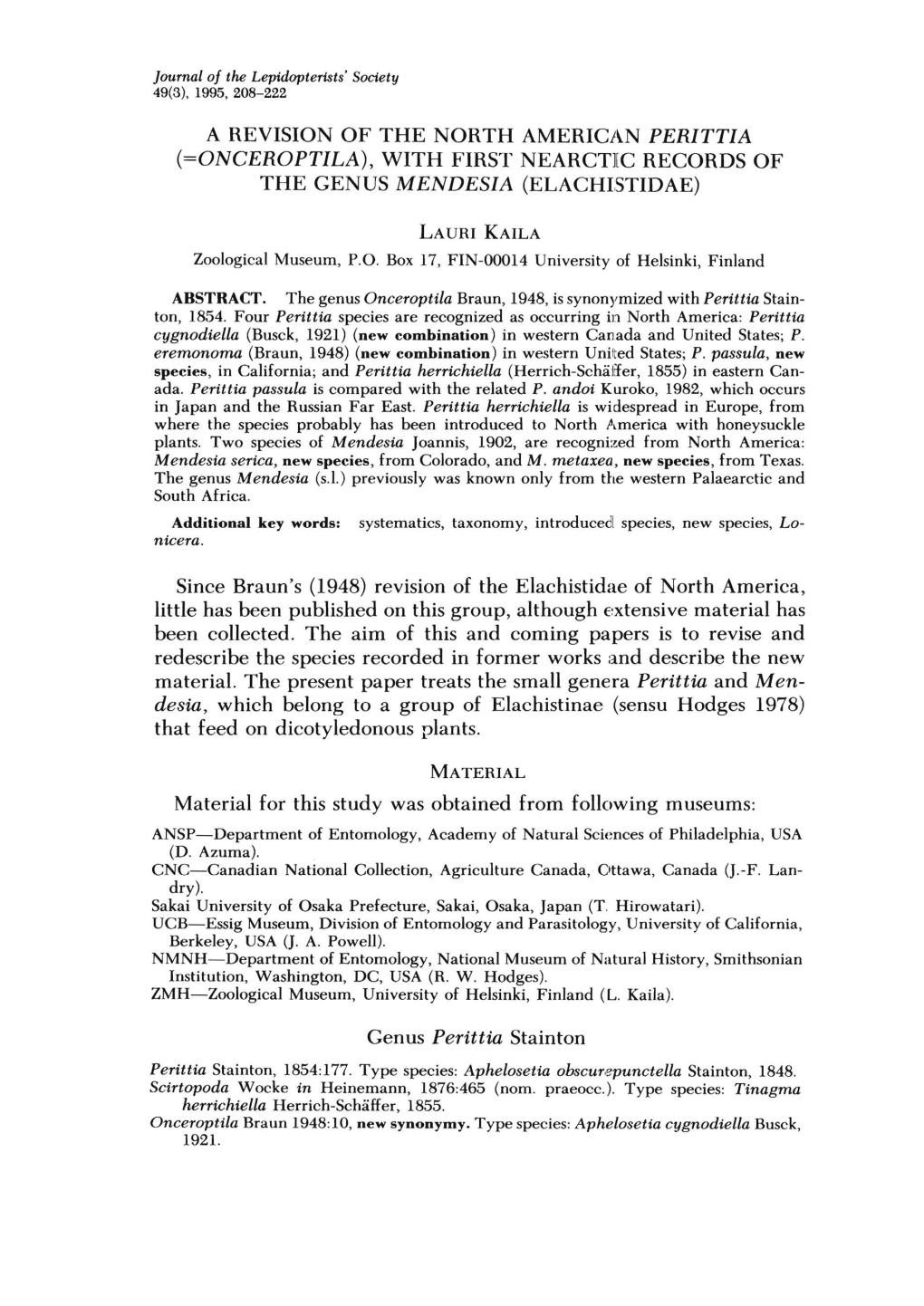 A REVISION of the NORTH AMERICAN PERITTIA (=ONCEROPTILA), with FIRST Nearctllc RECORDS of the GENUS MENDESIA (ELACHISTIDAE)