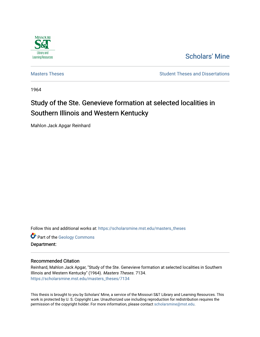 Study of the Ste. Genevieve Formation at Selected Localities in Southern Illinois and Western Kentucky