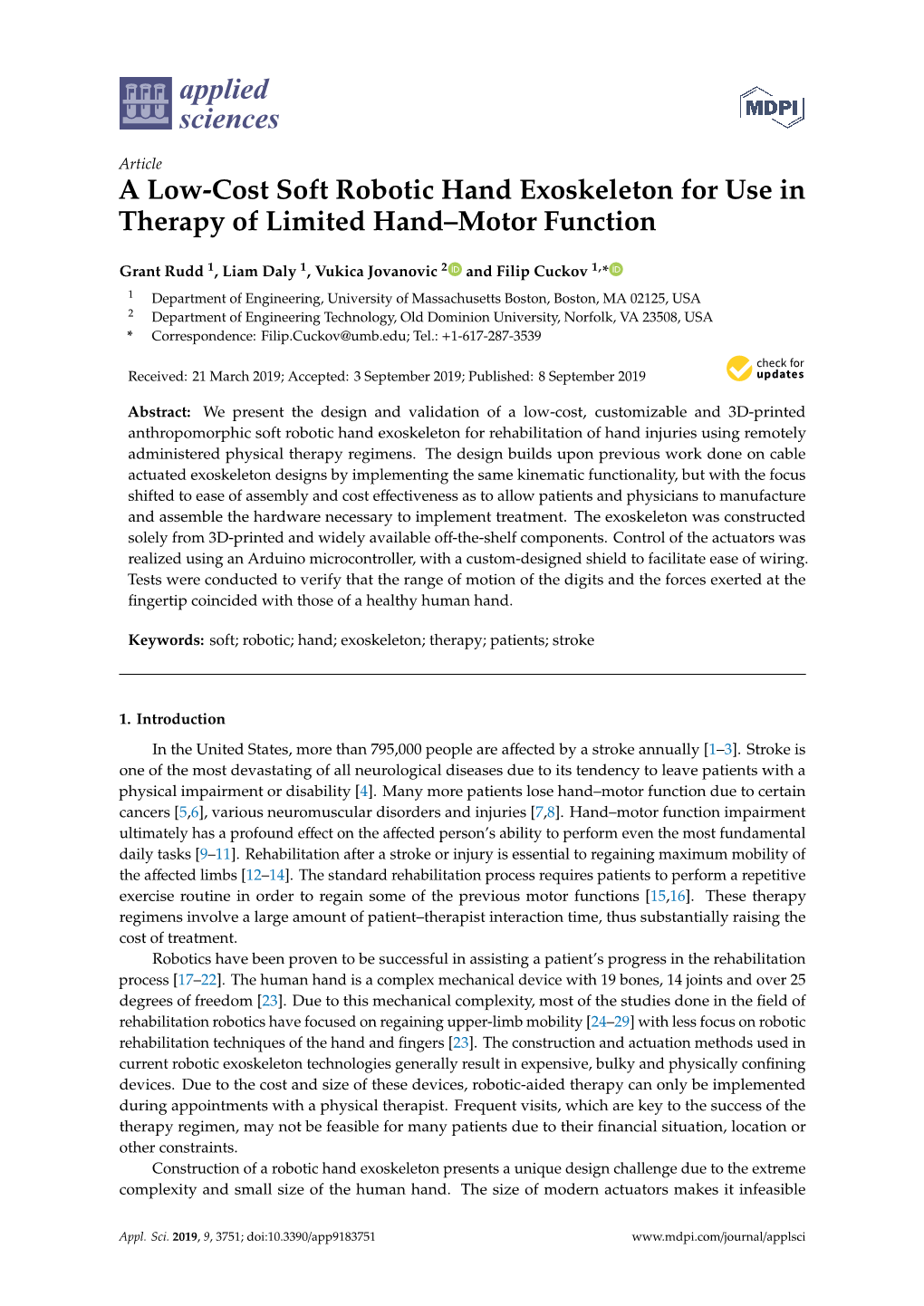 A Low-Cost Soft Robotic Hand Exoskeleton for Use in Therapy of Limited Hand–Motor Function