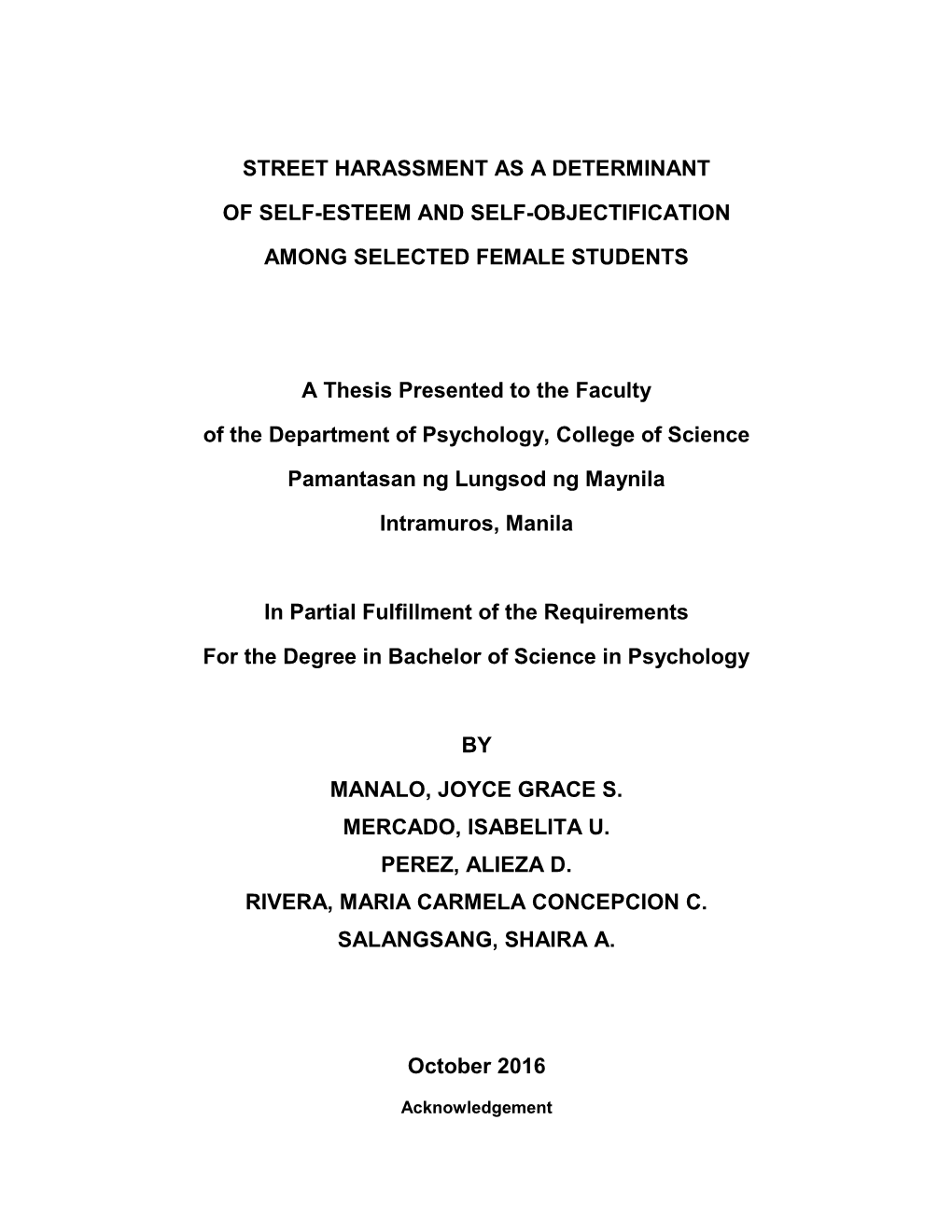 Street Harassment As a Determinant of Self-Esteem