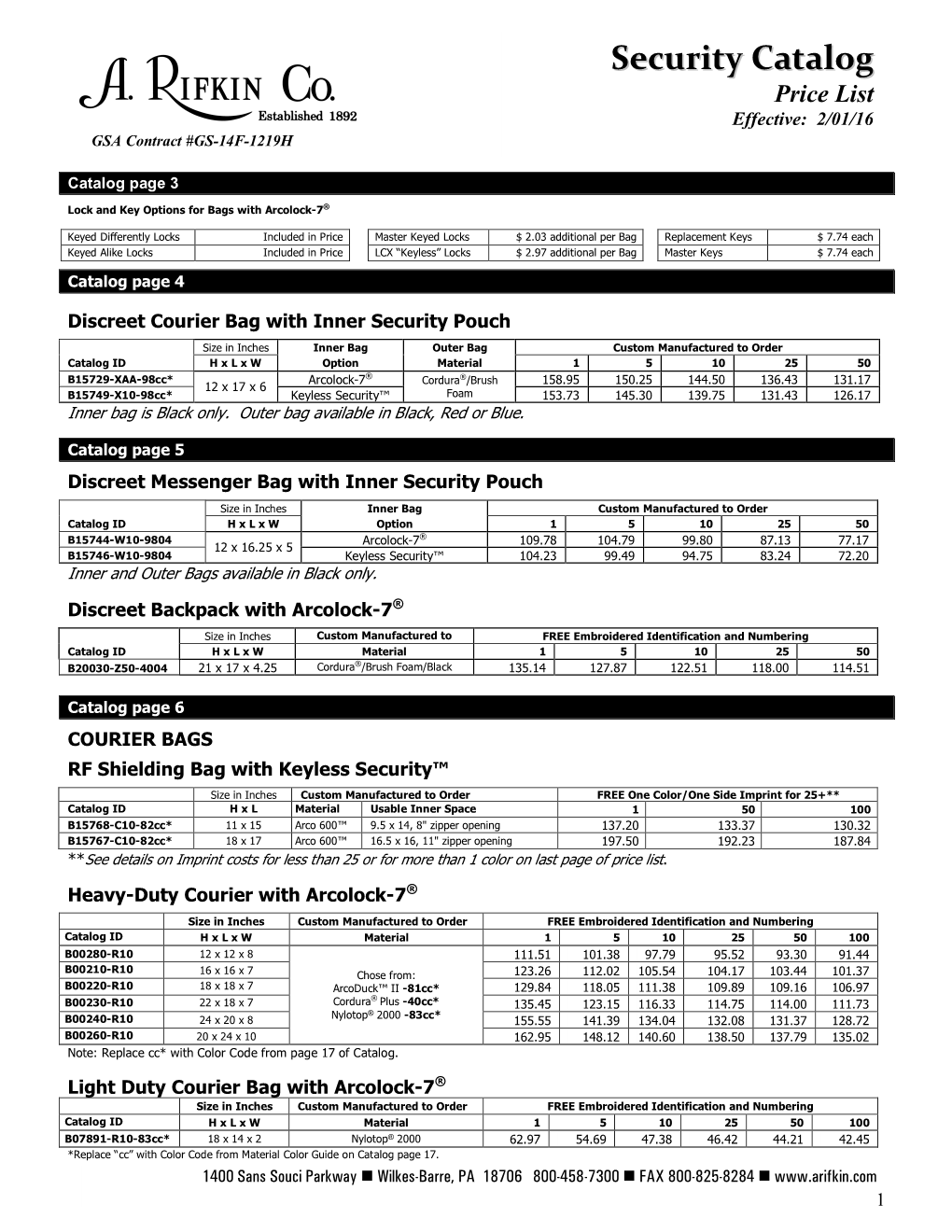 Security Catalog Price List Effective: 2/01/16 GSA Contract #GS-14F-1219H