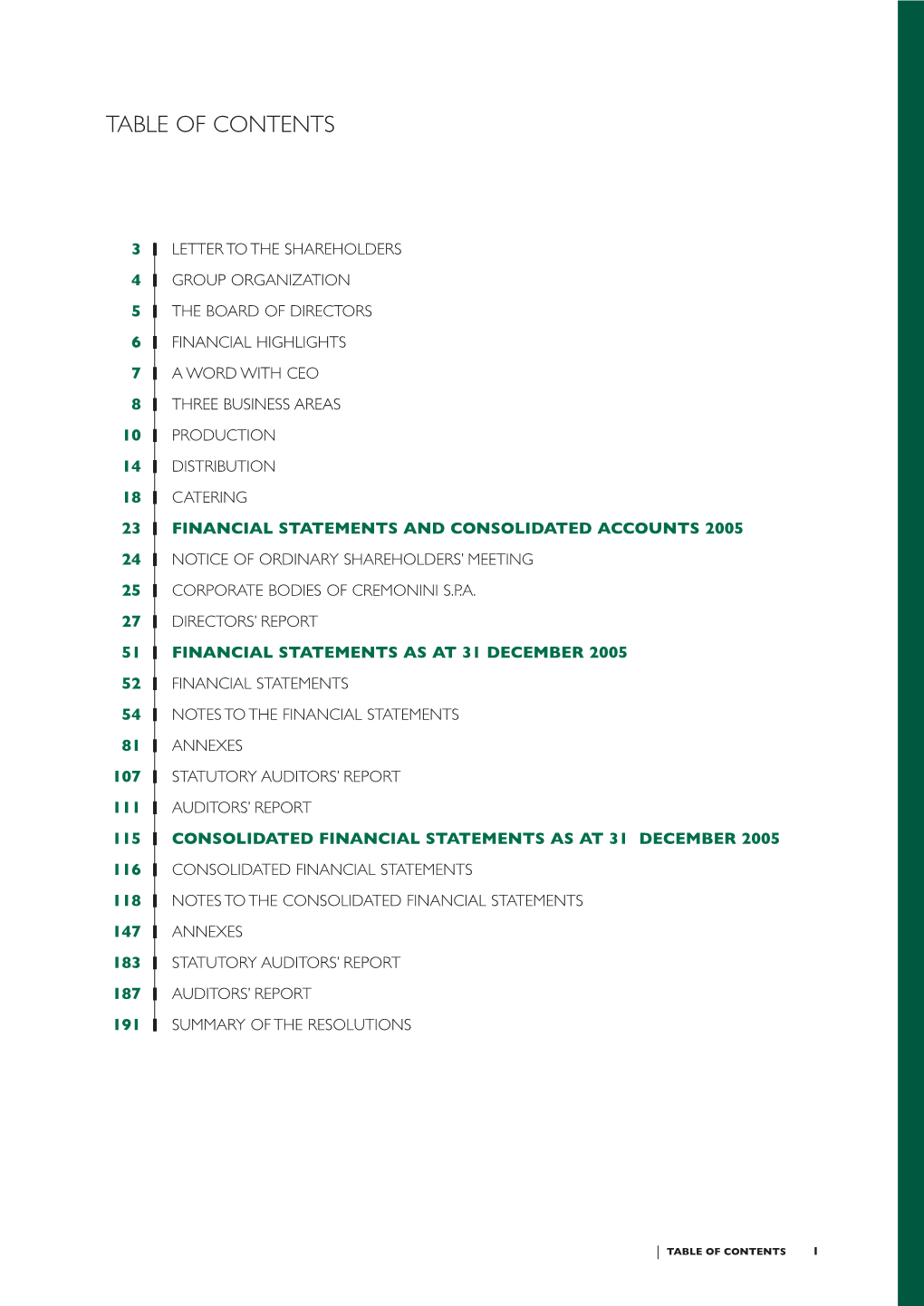 Financial Statements and Consolidated Accounts 2005 24 Notice of Ordinary Shareholders’ Meeting 25 Corporate Bodies of Cremonini S.P.A