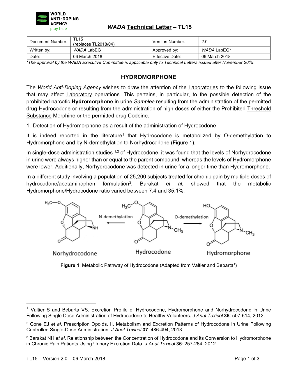 WADA Technical Letter – TL15 HYDROMORPHONE