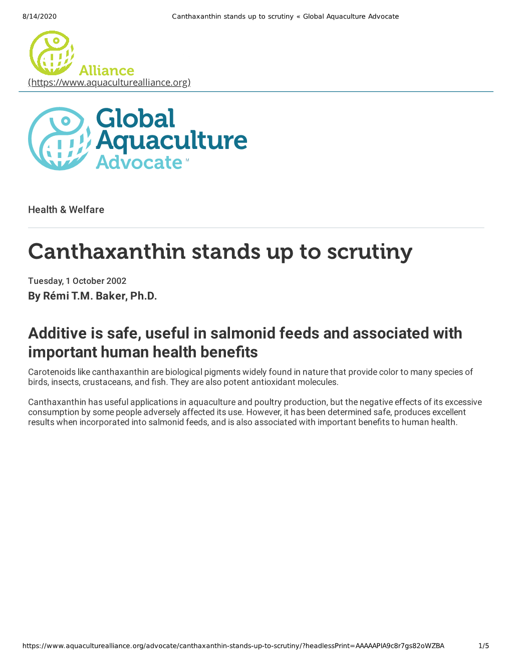 Canthaxanthin Stands up to Scrutiny « Global Aquaculture Advocate