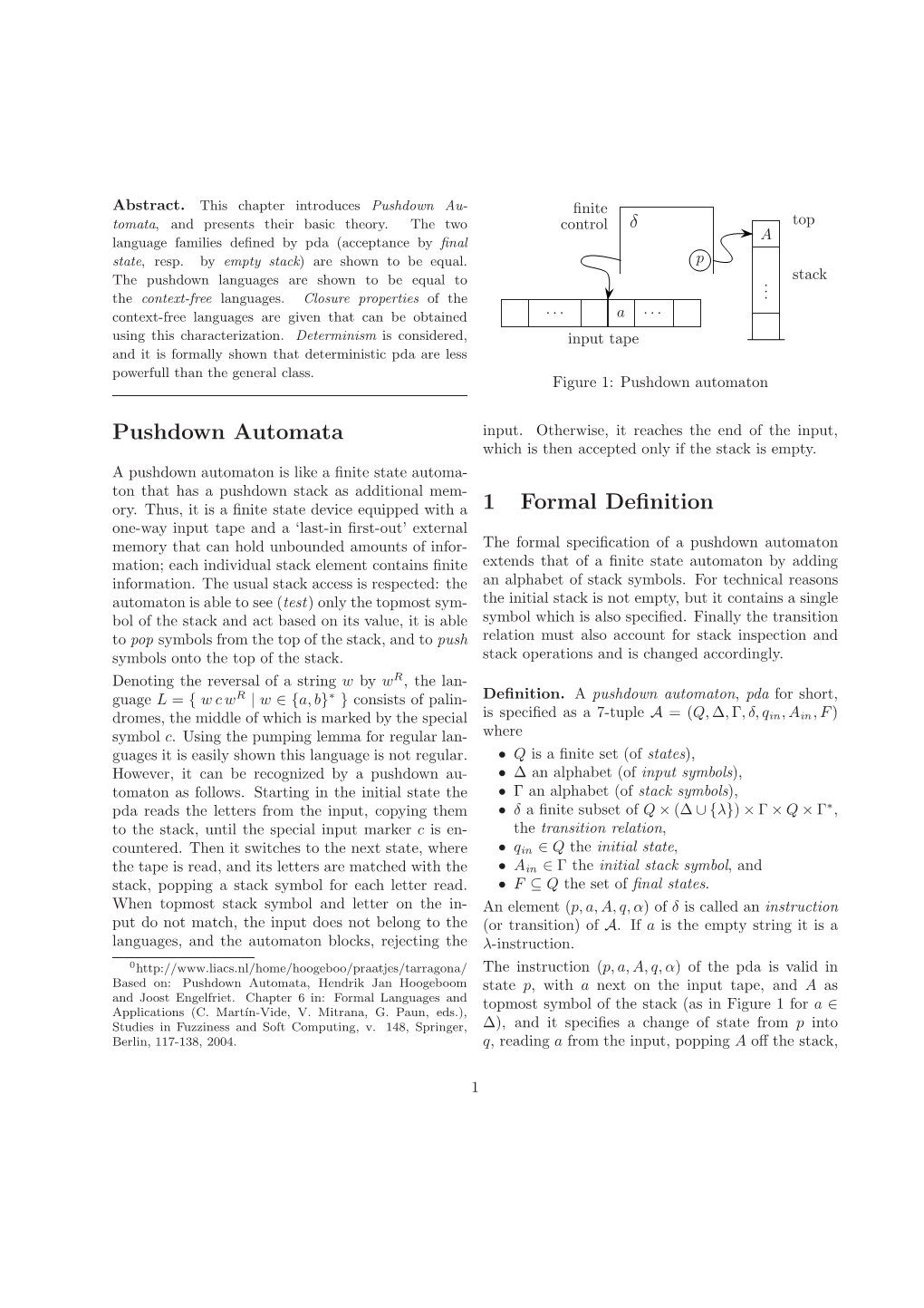 Pushdown Automata 1 Formal Definition