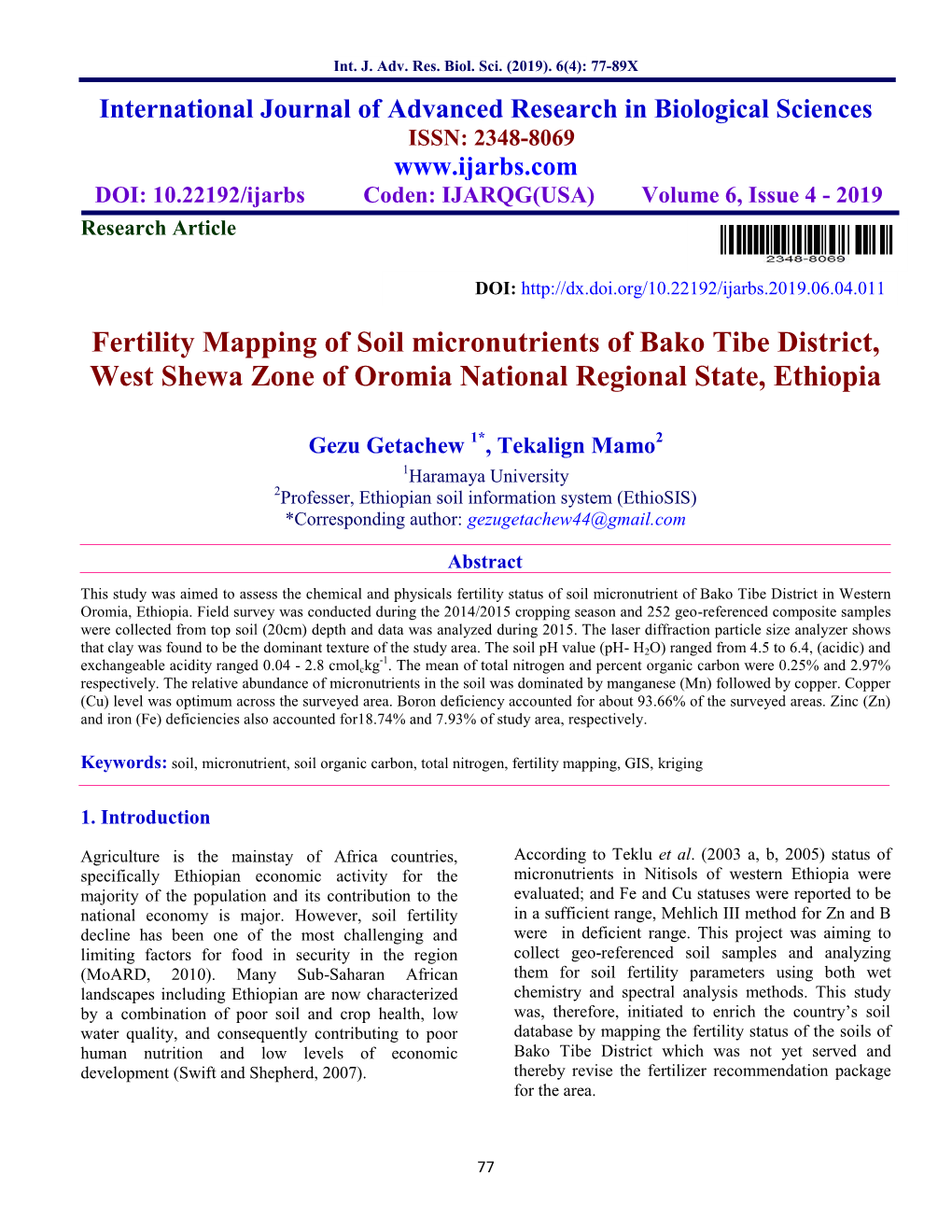 Fertility Mapping of Soil Micronutrients of Bako Tibe District, West Shewa Zone of Oromia National Regional State, Ethiopia