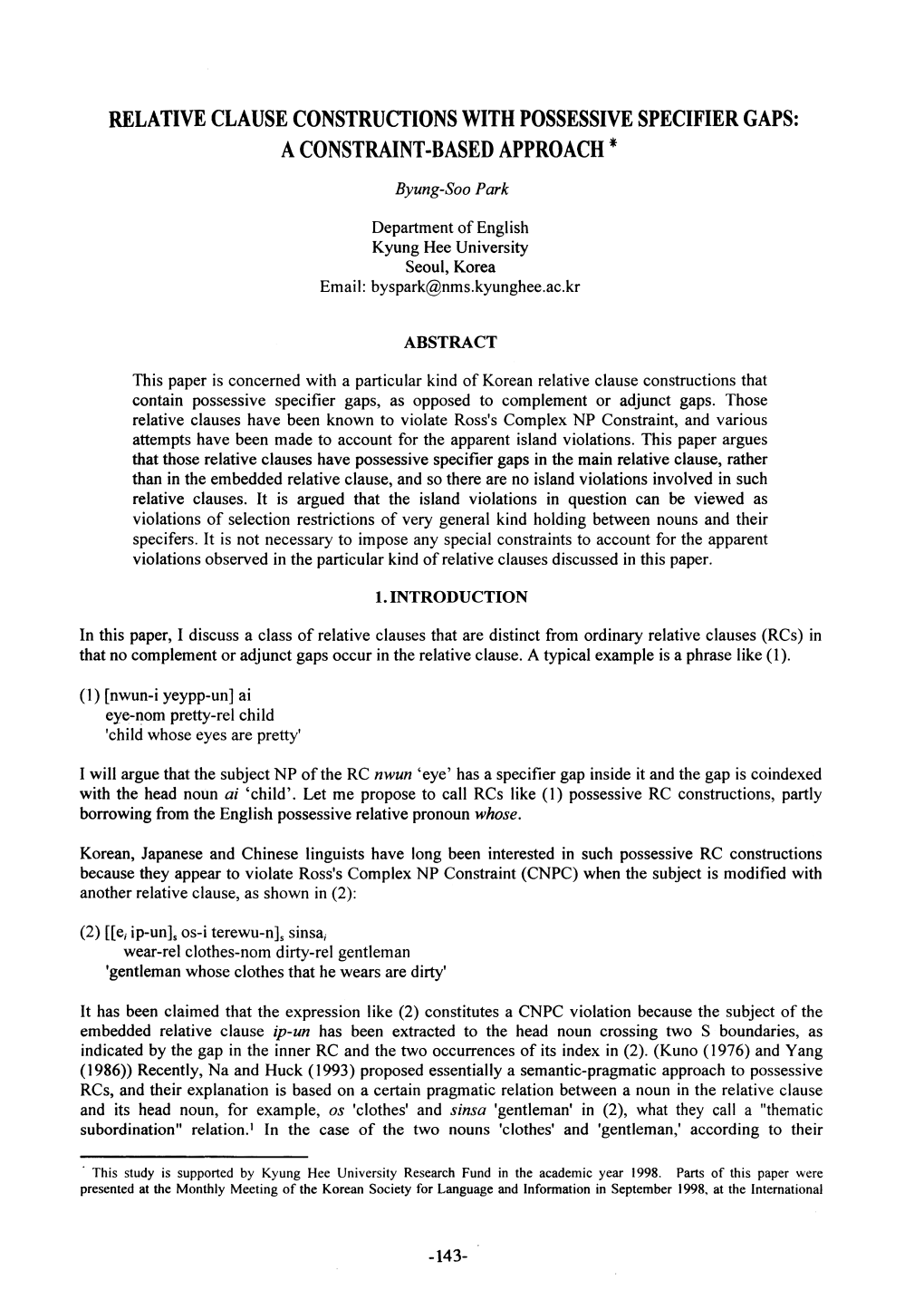 Relative Clause Constructions with Possessive Specifier Gaps: a Constraint-Based Approach *