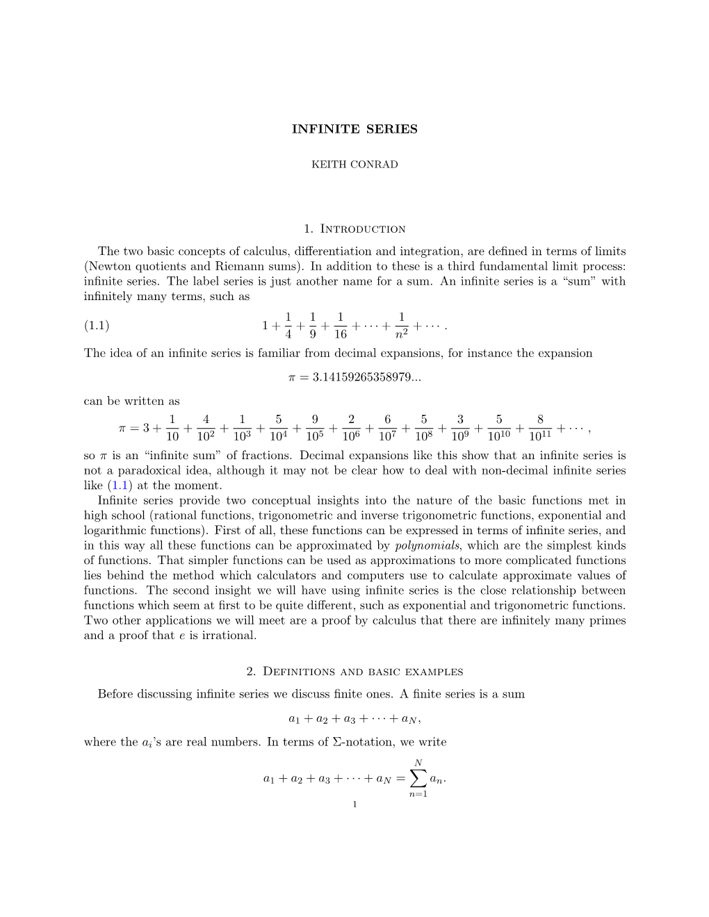 INFINITE SERIES 1. Introduction the Two Basic Concepts of Calculus